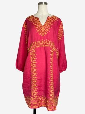 Uncle Frank Coral embroidered linen kaftan dress boho pockets summer tropical M